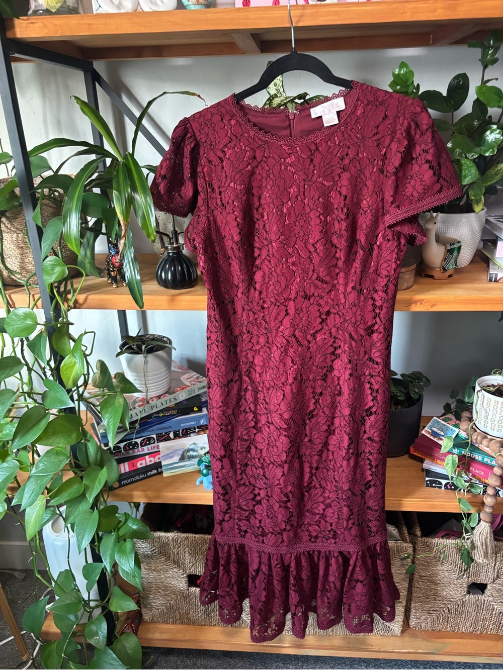 Rachel Parcell Burgundy Lace Ruffle-Hem Dress | Medium